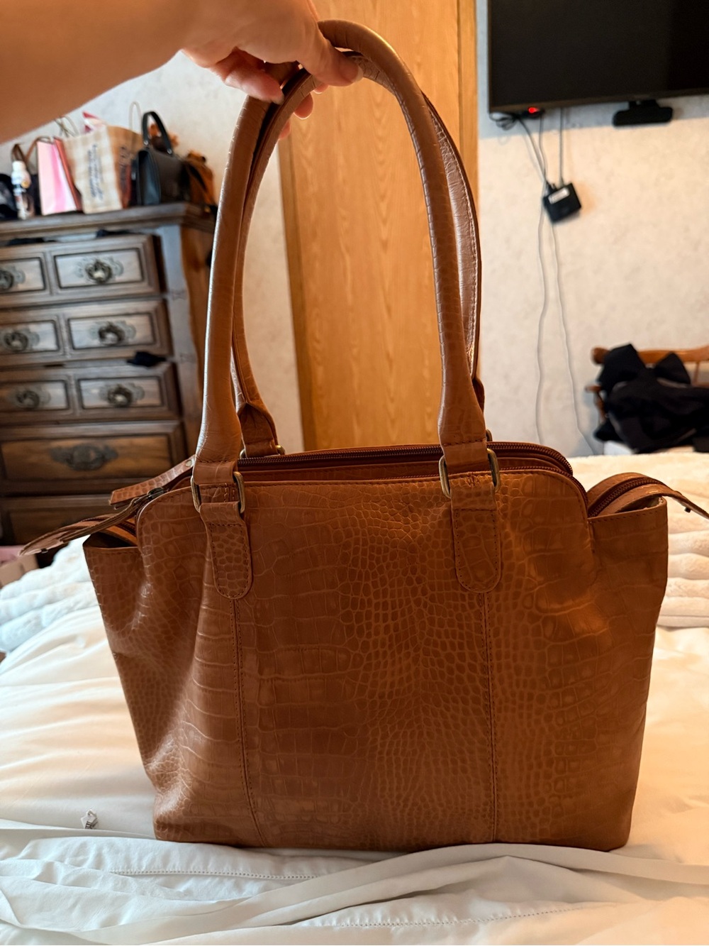Croc-Embossed Structured Shoulder Bag in Tan